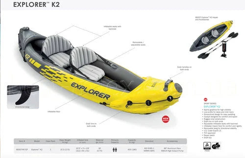 קיאק מתנפח Explorer K2 לזוג כולל משוטים משאבה ותיק אחסון ‎312×91‎ ס״מ | INTEX | מק״ט ‎68307‎ |