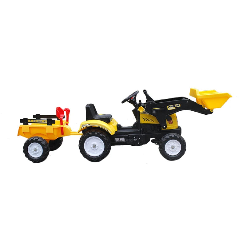 טרקטור פדלים לילדים עם כף קדמית עולה ויורדת ועגלה מתחברת ו 2 כלי חפירה צבע צהוב מקט 3005Y