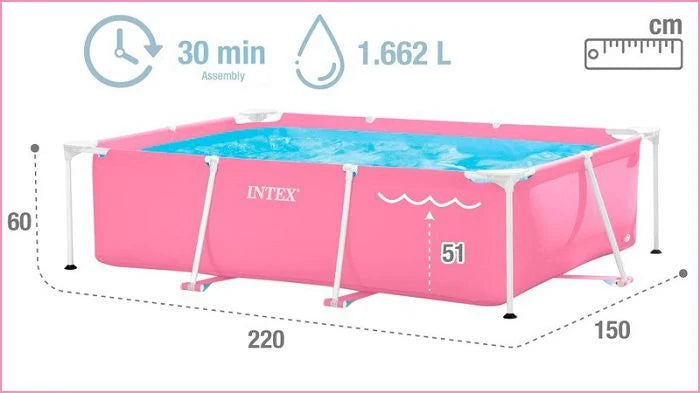 בריכת עמודים מלבנית ורודה בריכה בלבד | 220X150X60 ס"מ | מקט INTEX | 28266 | קפיץ קפוץ