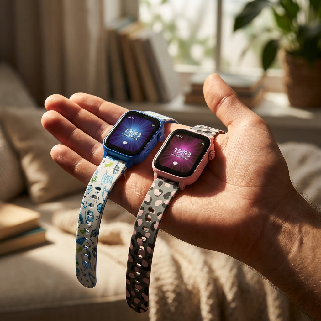 Tiny Kidi Watch Kidi Day 4G resting on an adult palm, with warm sunlight highlighting its delicate details and child-friendly design.