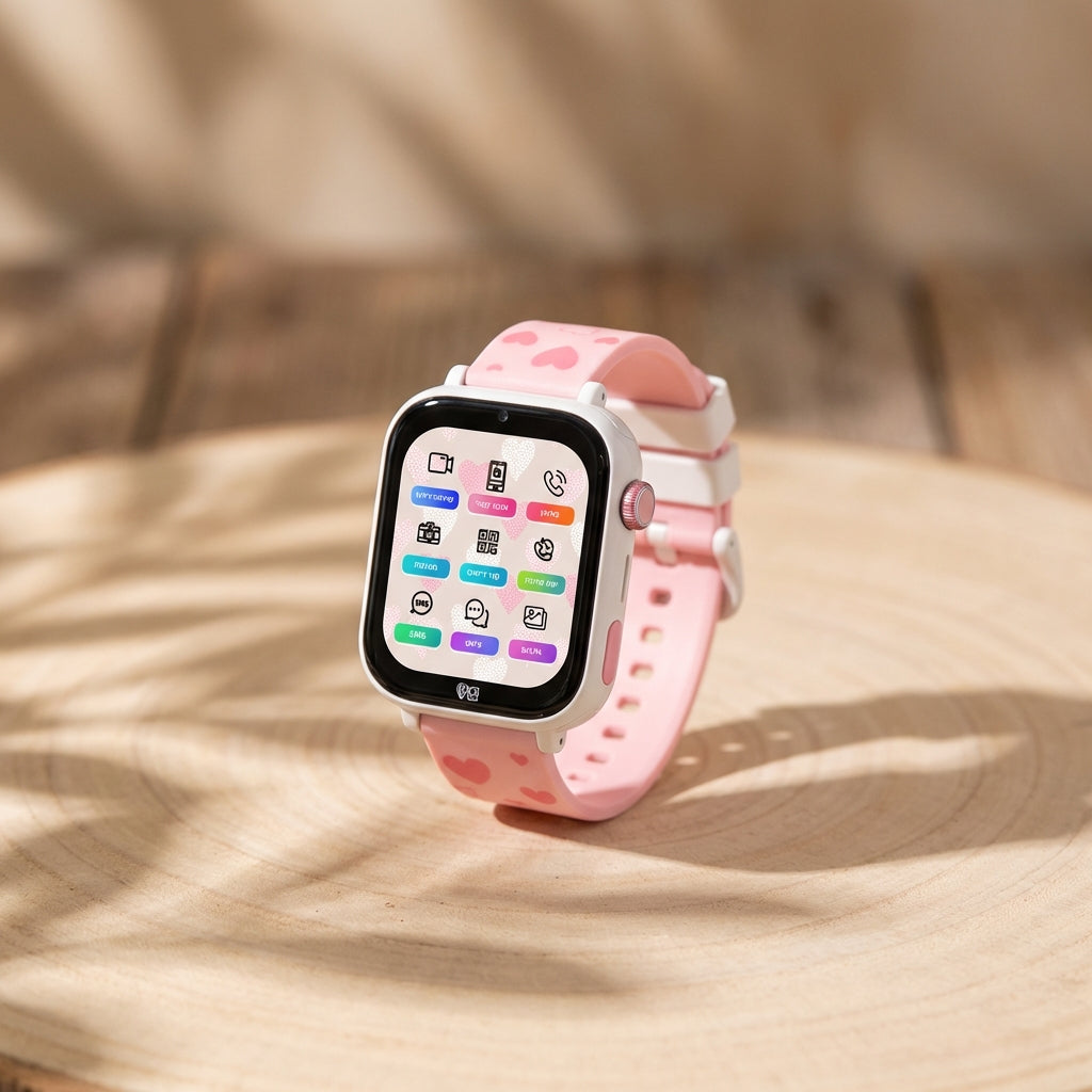 Close-up of Kidi Watch Kidi Day 4G on wooden surface, highlighting its colorful touch screen and sleek design with soft lighting.